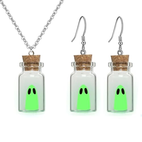 Gonashow Ghost Earrings & Necklace Spooky Halloween Earrings Glow In Dark Adopt A Ghost In Vial Bottle Necklace Cute Halloween Jewelry Set for Women