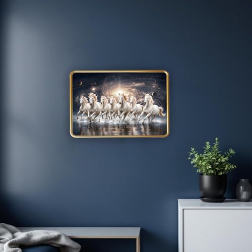 Image of Vastu 7 Seven Running Horse Photo Frame, Golden Slim Frame, Sparkle Coated Lamination, 30x45 cm (Design 13)