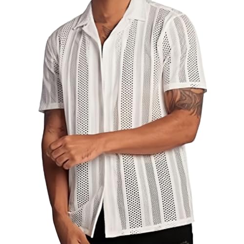 Male Street Casual Button Knitted Short Sleeved Shirt Top Men's Hollowed Out Shirt Casual Button Down Shirt