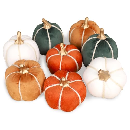 FORUP 8 Pcs Thanksgiving Pumpkin Set, Artificial Fall Pumpkin Decoration, Assorted Harvest Fabric Pumpkins for Farmhouse Fall Halloween Autumn Thanksgiving Harvest Home Decorations
