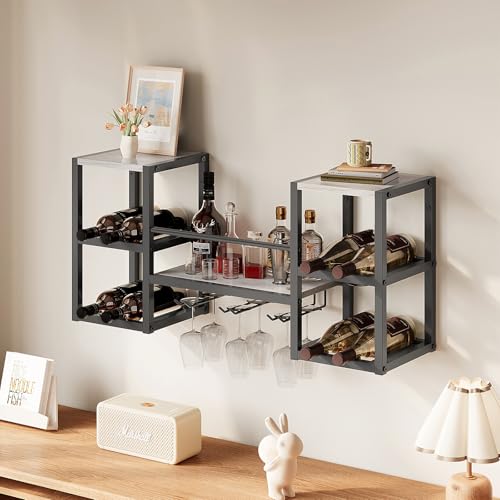 VEDECASA Portabottiglie a Parete, 3 Livelli Portabottiglie a Parete con 6 Supporti per Bicchieri, Supporto per Espositore di Vino a Parete, Portabottiglie Multifunzionale a Parete per Bar, Cucina