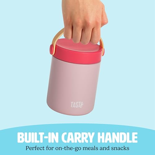 Image of Tasty Food Jar with Folding Handle, Portable Snack Travel or Lunch Container, Stainless Steel Insulated Vacuum with Leak-Proof Lid, Keeps Food Hot or Cold for Hours, 15-Ounce, Pink