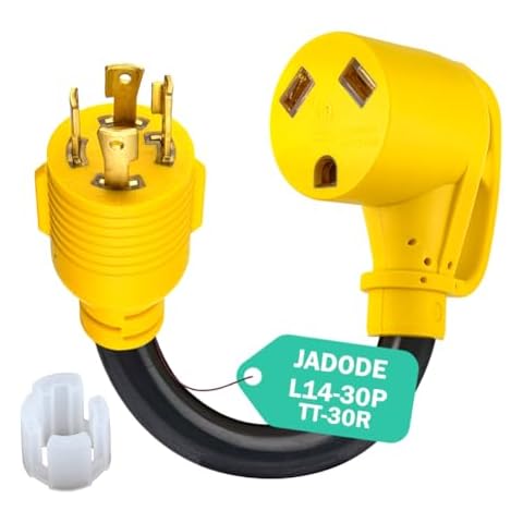 Jadode Locking RV Generator Adapter 30Amp 4 Prong Male to 30Amp Female 125/250 Volt Dogbone RV Power Adapter NEMA L14-30P to TT-30R with Heavy Duty STW 10AWG 3C Wire Pigtail Adapter Cord Cover