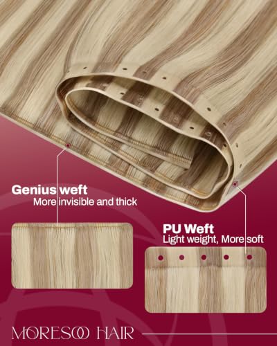 Image of Moresoo Butterfly Weft Hair Extensions Remy Human Hair 14 Inch 50g | Remy human hair butterfly weft, light ash beige blonde, OVO PU hole, for adding volume with soft straight blend