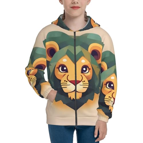 Cartoon lion Print Girls Athletic Zip Up Hoodies,Sweatshirts with Pockets Long Sleeve Hooded Jackets, for 7-18 Y2