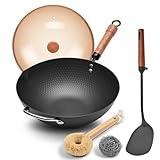 WANGYUANJI 12.6" Wok with Lid, Flat Bottom Nonstick Wok Pan for Induction Cooktop, Stir Fry Woks & Pans for Cooking