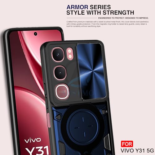 Image of AESTMO Armor Vivo Y31 5G Bumper Back Case Cover | Ring Holder & CD Pattern Sliding Camera Shutter Cover | Back Case Cover for Vivo Y31 5G (Blue)