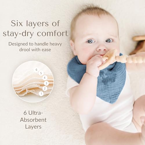 Image of Konssy 10 Pack Baby Muslin Bandana Bibs for Drooling and Teething | 100% Cotton Bibs for Boy Girl, Soft Absorbent 6-Layer Thick Cloth, Pre-Washed Less Shrinkage, Newborn Infant Toddler