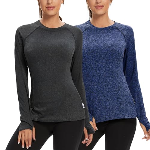 Soneven 2 Pack Long Sleeve Thermal Shirts for Women Fleece Lined Running Shirt Quick Dry Women Compression Shirt with Thumb Holes