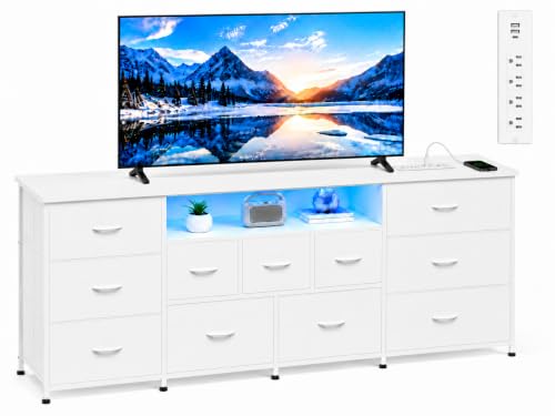 Image of WLIVE 75.5 inch TV Stand for 65, 75, 80, 85 Inch TV, Dresser for Bedroom with Power Outlets & LED Lights, 11 Drawer Fabric Dresser with Open Shelves, Entertainment Center with Storage, White