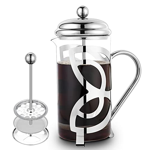 MaxMiuly Cafetiere 8 Tassen/1000 ml, Borosilikatglas, französische Presse, Edelstahlgehäuse, Kaffeepresse braut Kaffee und Tee mit Ersatzfiltern und Kaffeelöffel, silberfarben Cover