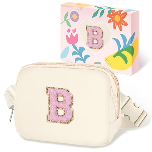 Image of COSHAYSOO Valentines Birthday Initial Gifts for Women Teen Girls 5 6 7 8 9 10 11 12 13 14 Year Old Ivory Fanny Pack for Girls Belt Bag Crossbody Travel Purse Unique Trendy Cute Stuff Chenille Letter B
