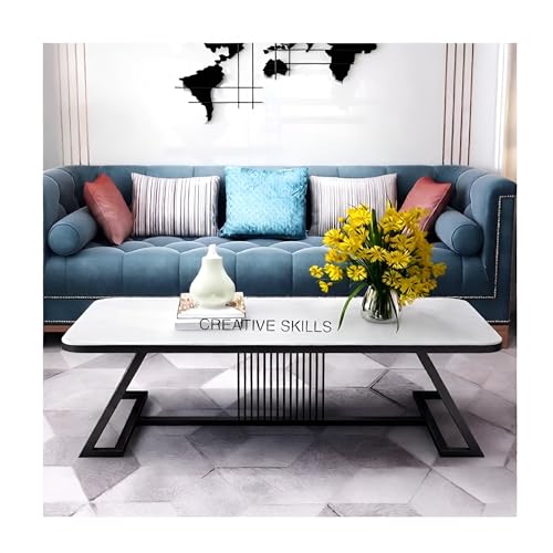 Image of Modern Rectangular Marble-Like Top Coffee Table with Metal Base for Living Room Sofa Center Tea Table for Home & Office Easy DIY Assembly (90 x 48 x 48 cm) (Black White)