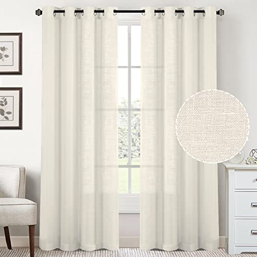 Cortinas semitransparentes de lino natural, 2 paneles (marfil, 132 x 182 cm), cortinas de ventana para sala de estar y dormitorio, diseño de barra de bolsillo