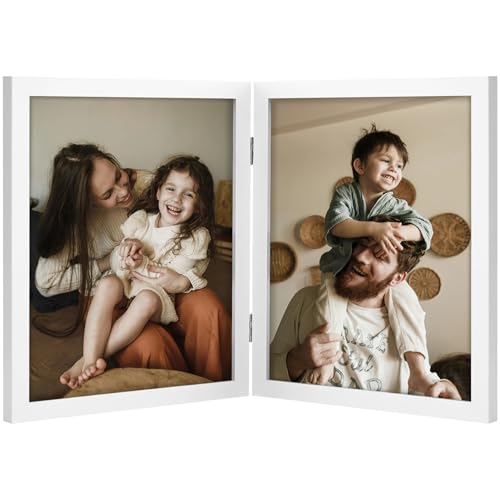decorUhome Double 8x10 Picture Frame Vertical, Engineered Wood Bifold Photo Frame with Plexiglass for Tabletop Display, 8x10, White