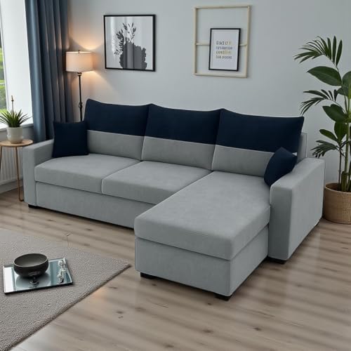 Image of FURNY Premium Huster 5 to 6 Seater Fabric RHS L Shape Sofa Set for Living Room | with Velvet Fabric in Dark Blue & Light Grey Color | Durable Comfort | Modern De
