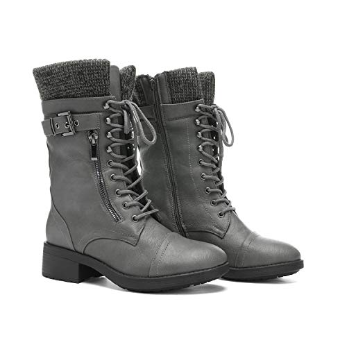 DREAM PAIRS Women's Mid Calf Combat Riding Boots for UK Ladies Fashion Boots, Grey, 5 UK
