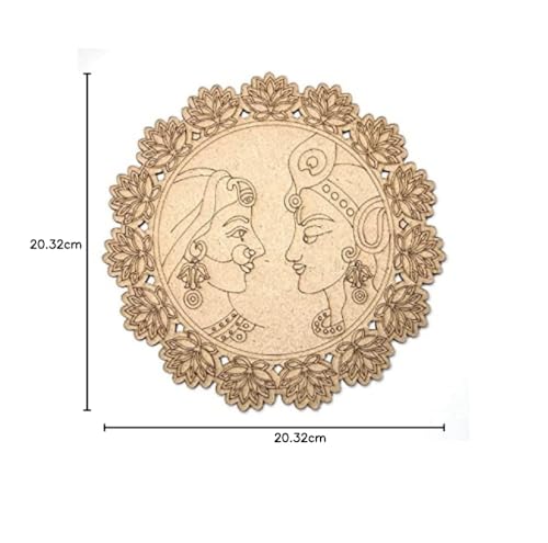 Image of Adikala Radha Krishna MDF Engraved Design Wall Plate Base with Frame Cutout for DIY Craft 8.Inch