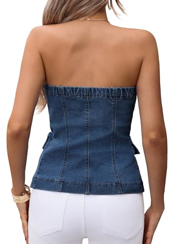 Cicy Bell Womens Strapless Denim Vest Summer Button Down Jean Tube Tops Y2k Going Out Fitted Bandeau Shirts Waistcoat Blue3