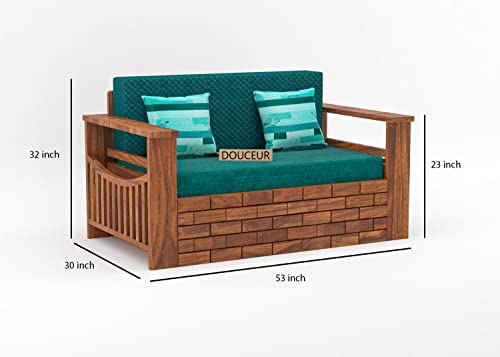 Image of Douceur Furnitures Solid Sheesham Wood Wooden Frame Two 2 Seater Sofa Cum Bed for Living Room,Hotels,Apartment & Hall | Finish:-Natural Teak | Cushion:-Teal-Green