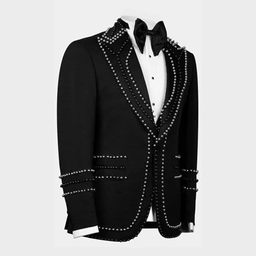Oliexbley Men's 2 Piece Suits Beads One Button Dress Suit Slim Fit Tuxedo Jacket Blazer Pants Set for Wedding Business Prom3