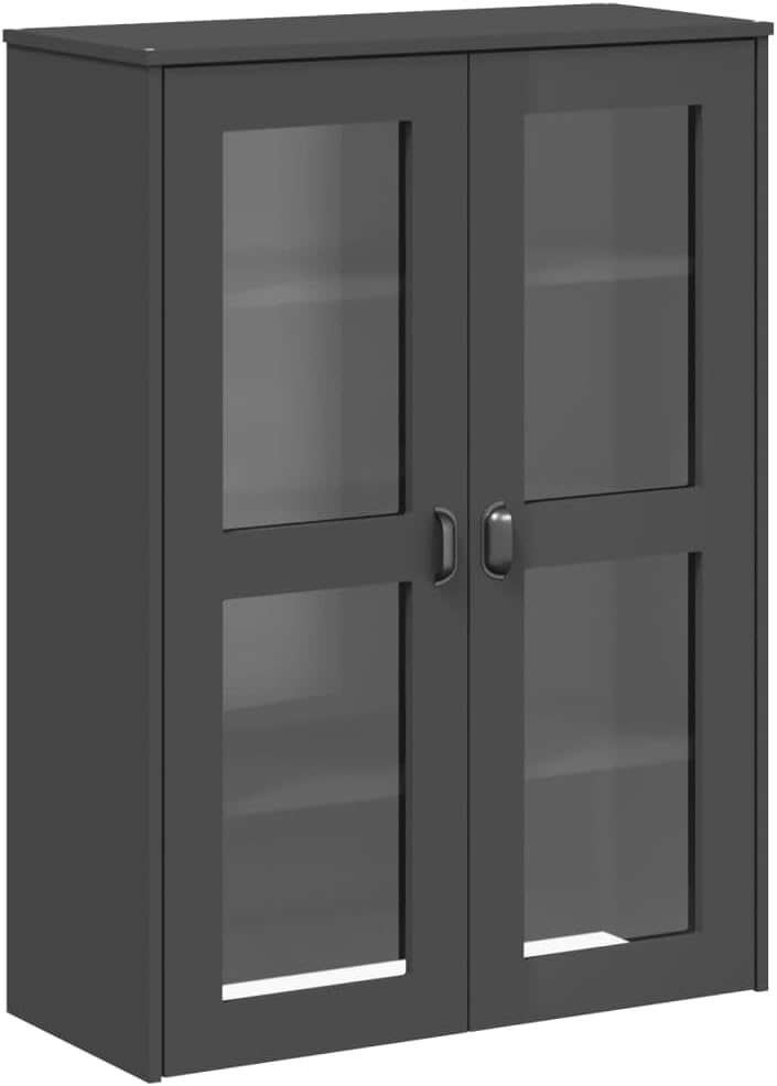 Anthracite Grey Engineered Wood Cabinet Top with Tempered Glass Doors and Three Shelves for Living Room Bedroom Storage Display Industrial Style