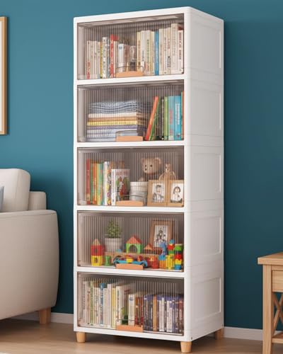 Image of HOMIFLY 5 Tier X-large Plastic Wardrobe for Clothes /Multipurpose Stackable Storage Cabinet /Foldable Space Saving Almirah for Bedroom /Cupboard Organizer for Clothes, Toys, Kitchen(White & Transparent)