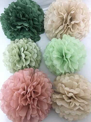 Image of Tissue Paper Pom Poms Kit Paper Flowers 12pieces for Gender Baby Shower Wedding Bridal Bachelorette Birthday Party Decorations (Boho Green + Dusty Pink)