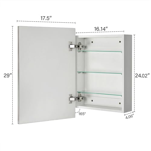 Image of TEHOME 17.5'' x 29'' Brushed Nickel Recessed and Surface Mount Bathroom Medicine Cabinet with Mirror Square Cornered Metal Framed Rounded Rectangle Medicine Cabinet Mirror