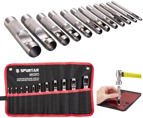 Spurtar 12 PCS Steel Hollow Leather Punch Set 1/8''-3/4'' Heavy Duty Round Leather Hole Tool for Watch Cloth Belt Gaskets w/Storage Bag