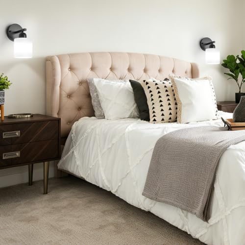 Image of 2PCS Light Black Bathroom Light Fixture, Modern Bathroom Lights with Milky White Frosted Glass Shades for Mirror Living Room Bedroom Hallway E26 Base