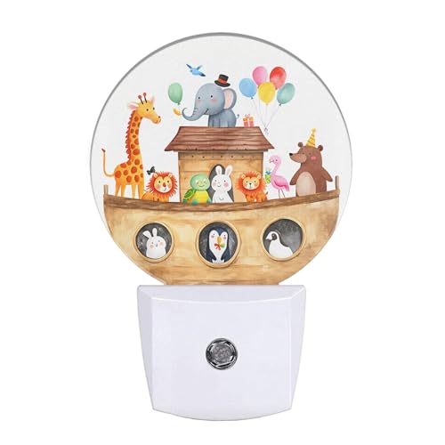 Image of Cute Noah's Ark Night Light Ship with Animals Giraffe Rabbit Elephant Bear Birds Nightlight LED Round Lamp for Boys Girls
