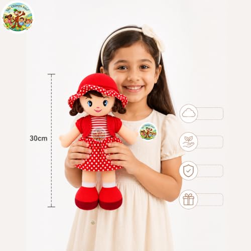 Image of Chi-Chimpu Toyss Soft Curly Doll 30cm (Red) | Premium Plush Stuffed Doll for Girls & Kids | Cute Baby Doll with Curly Hair | Ultra Soft Hugging Toy | Birthday Gift, Baby Sleeping Toy,Washable Soft Toy