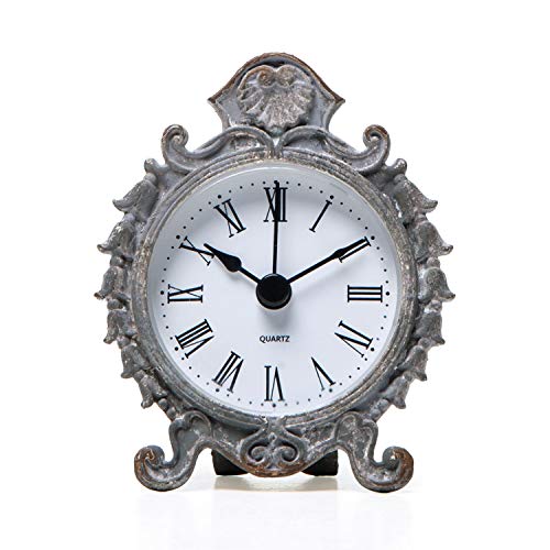 NIKKY HOME Kleine Mini-Tischuhr im Barock-Stil, Shabby-Chic-Stil, rustikales Zinn, rundes Quarz-Regal, Schreibtischuhr, grau Cover