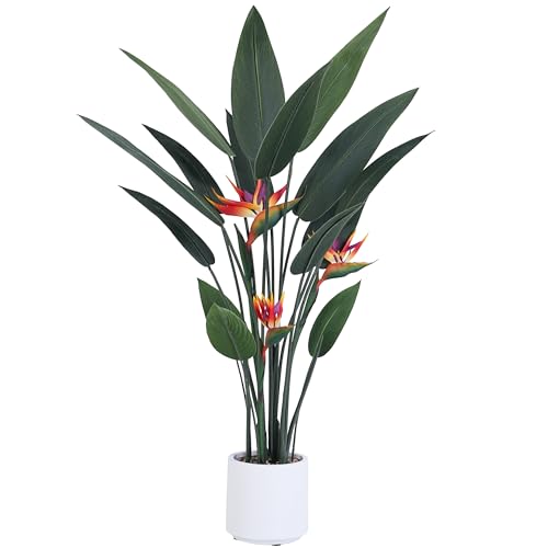 Jocoevol Artificial Bird of Paradise Plant 4 Ft Tall Fake Banana Leaf Plant for Indoors and Outdoors, Artificial Flowers, Faux Palm Tree with Plastic Pot for Office and Home Decor