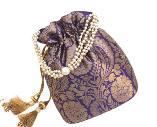 Image of MILAN'S CREATION Banarasi Silk Brocade Potli Bag Purse With Base Drawstring Women's handbag with Pearl Handle & Tassel Weddings