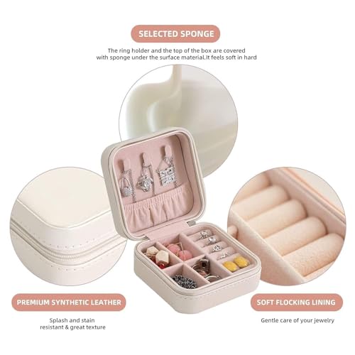 Image of Small Travel Jewellery Organiser Box, PU Leather, Pink, Portable Mini Square Case with Zipper and Dividers for Rings, Earrings, Necklaces, 10x10x5 cm (WHITE)