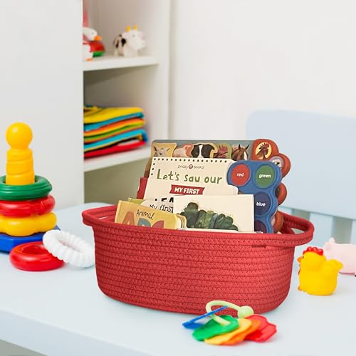 Image of Small Woven Gift Basket, Baskets for Gifts Empty, Cotton Rope Cat Dog Toy Box, Nursery Baby Bin, Wicker Basket with Handles, Shelf Storage and Home Decor, Red, 12 inchx 8 inchx 5 inch