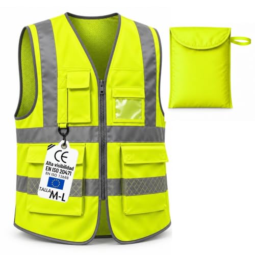 LiveLaif Chaleco Reflectante Homologado EN471 Clas2 + Funda (Talla L) | Chaleco Trabajo Hombre + Funda - Coche, Moto, Obra - Chaleco Alta Visibilidad + Cremallera, Unisex - Chaleco Seguridad