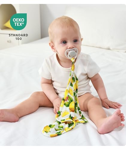 Image of Baby Lovey Security Blanket Set of 3, Bamboo-Derived Viscose, Super Soft and Breathable Baby Blanket with Attachable Loop, 9.5 inch*9.5 inch, Strawberry /Unicorn /Rainbow