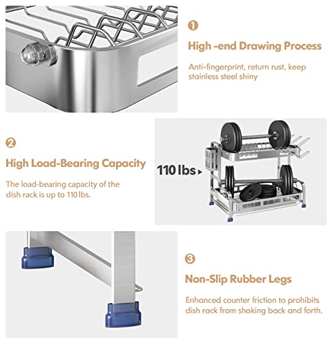 Boosiny 304 Stainless Steel Dish Drying Rack, 2 Tier Large Dish Rack And Drainboard Set With Utensil Holder, Cup Holder And Dish Drainer For Kitchen Counter Organizer Storage(Silver) #TOP4