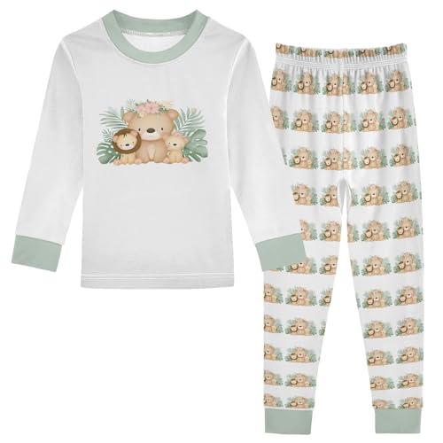 Cartoon Pajamas Set Cute Bear Lion Long Sleeve PJs Cotton Jammies Sleepwear Top and Pants Multicolor