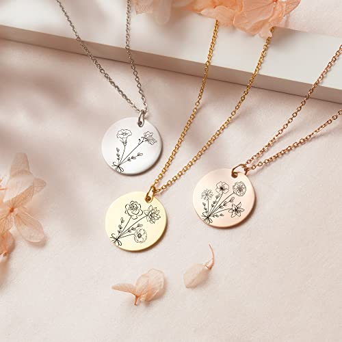 Anavia "Build Your Own Bouquet" Birth Month Flowers Necklace, Personalized Engraved Floral Coin Necklace, Customized Birthday Gifts Love Jewelry For Her Mom Sisters Friends Family (Rose Gold, 2 Flower Bouquet) #TOP6