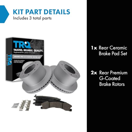 Image of TRQ Rear Brake Pad & Rotor Kit Ceramic Vented Premium G-Coated Compatible with 2011-2019 Chevrolet Silverado 3500 HD GMC Sierra 3500 HD