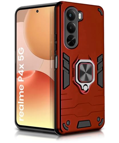 Image of WOW IMAGINE Shock Proof Back Case Mobile Cover for Realme P4x 5G | Back Cover Case (Tough Armor | Hybrid PC + TPU | Ring Holder & in-Built Kickstand | Red)