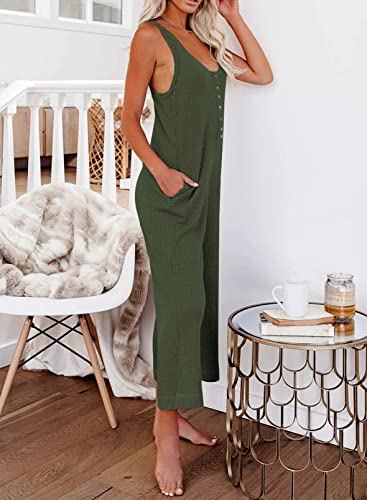 Happy Sailed Womens Loose Sleeveless Scoop Neck Tank Top Long Thermal Knit Jumpsuit Rompers With Pockets Green M #TOP3