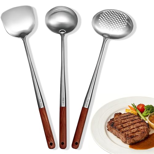 JNEYVIC 3 Stück Wok Spatel Set Wok Pfannenwender und Schöpflöffel Metall 43cm Lang Schöpfkelle Edelstahl mit Holzgriff Küchenutensilien Set für Küche