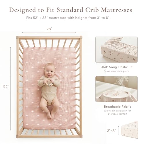 Image of Konssy Muslin Crib Sheets for Girl Boy, 2 PCS Soft and Breathable Cotton Baby Sheets for Standard Crib Mattress, 52 inchx 28 inch (Pink Sun,Khaki Leaf)