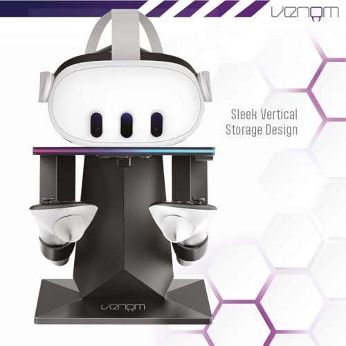 Venom RGB Charging Stand for Meta Quest 3S, Quest 3, Quest 2 & Quest Pro | USB-C Headset Charger & Display Stand with 7-Colour Lighting | VR Storage for Headset & Controllers