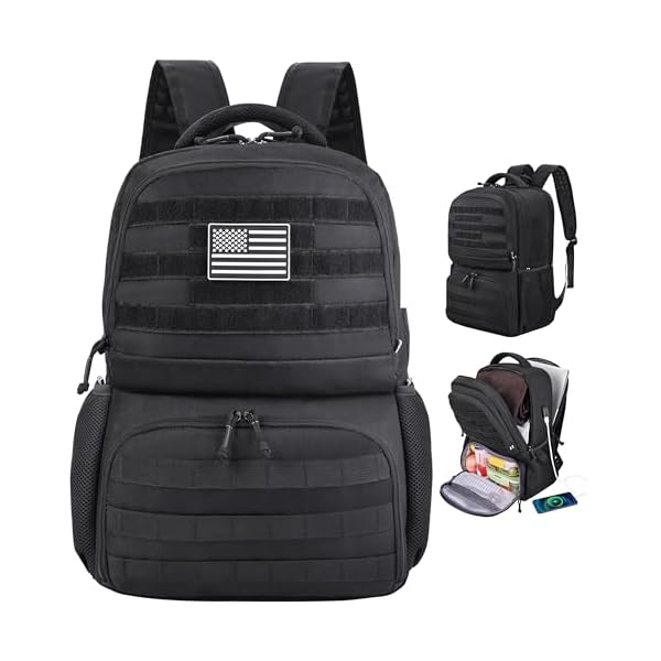 MOZETO Laptop Lunch Backpack for Men, Tactical Inspired Utility Anti-Theft Work Bag with Cooler Compartment Lunchbox (Black, 17 Inch)